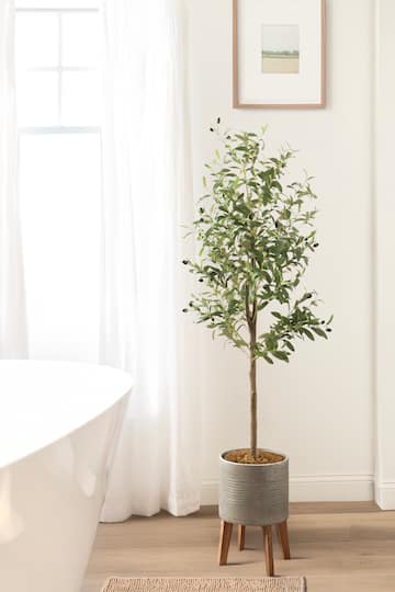 Kate and Laurel 5ft. Green Oliveira Faux Olive Tree with Gray Planter